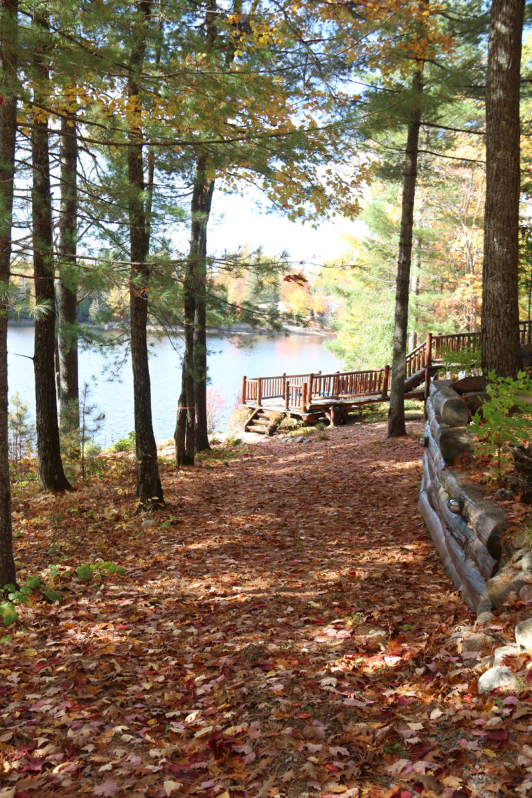 side of cottage with fall leaves on ground at Quebec cottage rental