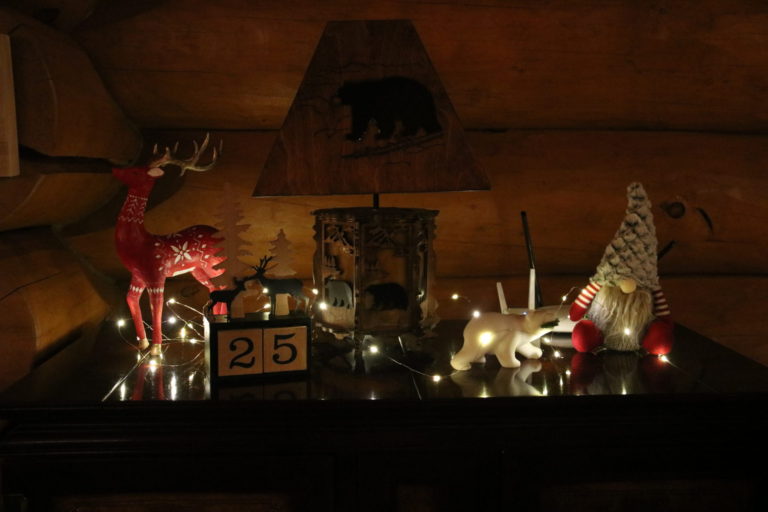 christmas decor on wooden stand