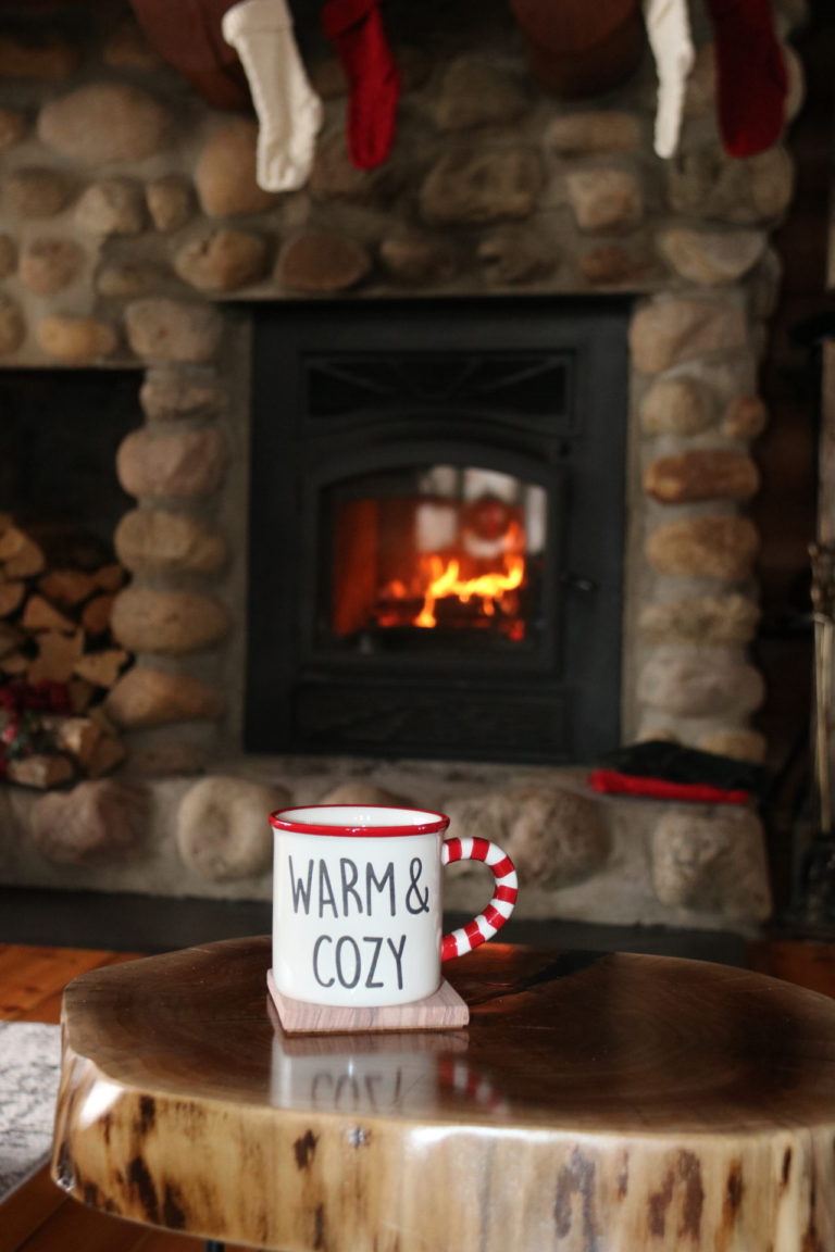 warm and cozy mug in front of fireplace