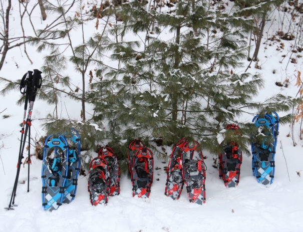 red and blue snowshoes at Quebec cottage rental