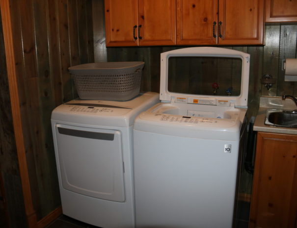 washer and dryer with grey laundry tub on top