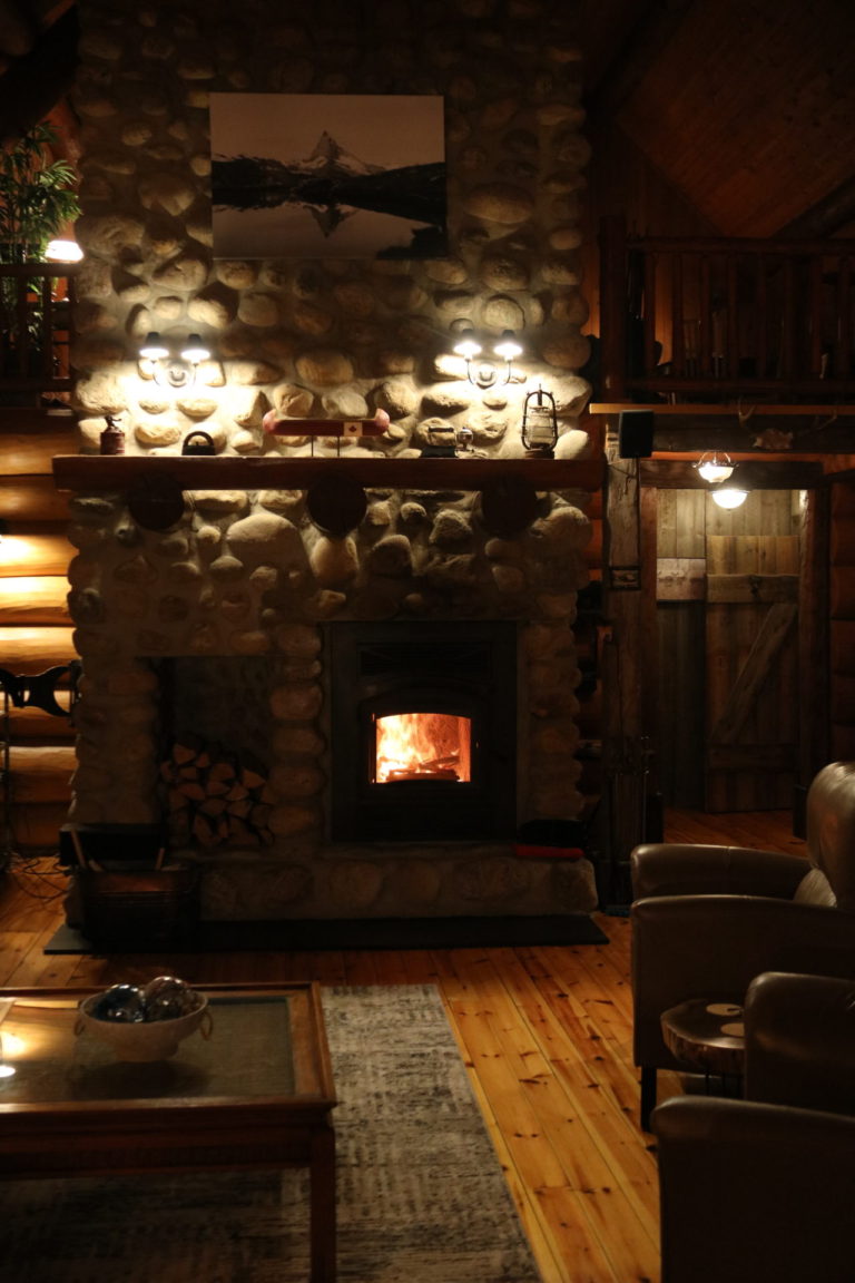 stone fireplace at Quebec cottage rental